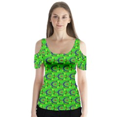 Green Abstract Art Circles Swirls Stars Butterfly Sleeve Cutout Tee 