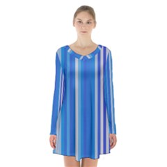 Color Stripes Blue White Pattern Long Sleeve Velvet V-neck Dress