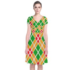 Colorful Color Pattern Diamonds Short Sleeve Front Wrap Dress