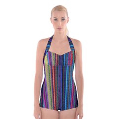 Multi Colored Lines Boyleg Halter Swimsuit 