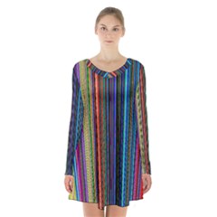 Multi Colored Lines Long Sleeve Velvet V-neck Dress