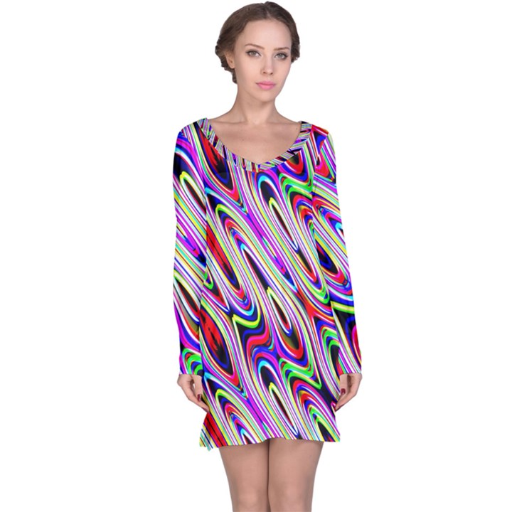 Multi Color Wave Abstract Pattern Long Sleeve Nightdress