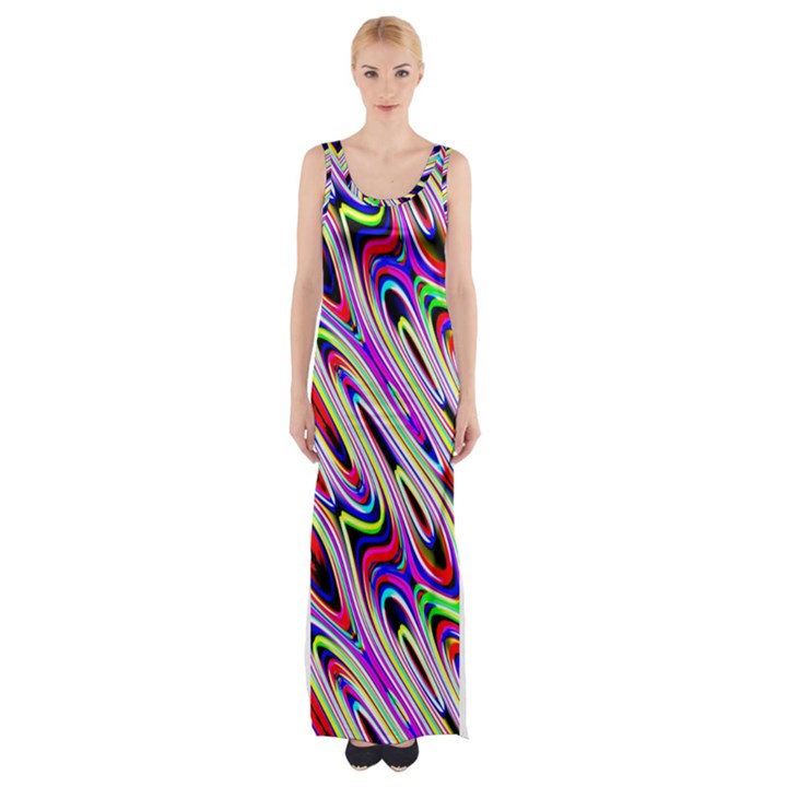 Multi Color Wave Abstract Pattern Maxi Thigh Split Dress