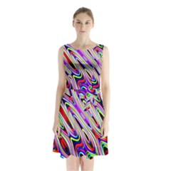 Multi Color Wave Abstract Pattern Sleeveless Chiffon Waist Tie Dress