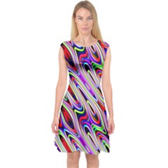 Multi Color Wave Abstract Pattern Capsleeve Midi Dress