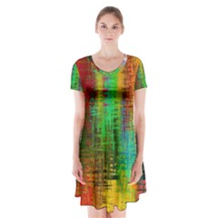 Color Abstract Background Textures Short Sleeve V-neck Flare Dress