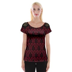 Elegant Black And Red Damask Antique Vintage Victorian Lace Style Women s Cap Sleeve Top