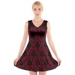 Elegant Black And Red Damask Antique Vintage Victorian Lace Style V-neck Sleeveless Skater Dress by yoursparklingshop