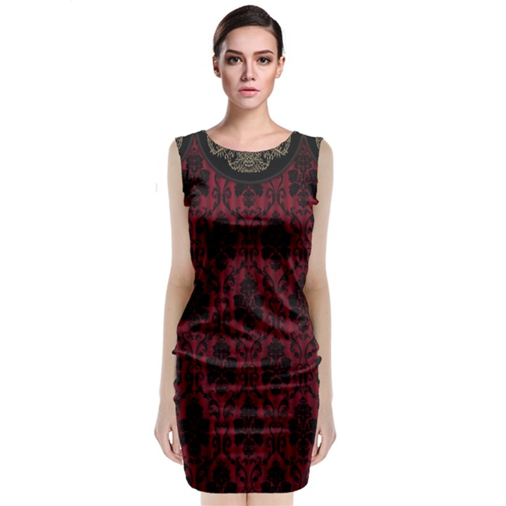 Elegant Black And Red Damask Antique Vintage Victorian Lace Style Classic Sleeveless Midi Dress