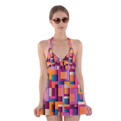 Abstract Background Geometry Blocks Halter Swimsuit Dress by Simbadda