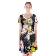 Canvas Acrylic Digital Design Short Sleeve V-neck Flare Dress by Simbadda