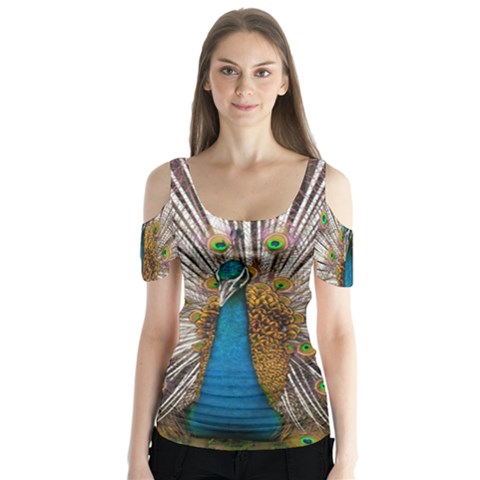 Indian Peacock Plumage Butterfly Sleeve Cutout Tee  by Simbadda