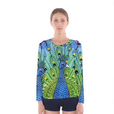 Peacock Bird Animation Women s Long Sleeve Tee by Simbadda