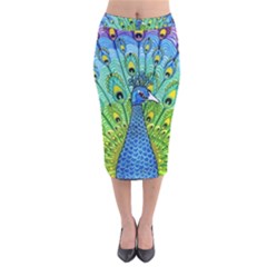 Peacock Bird Animation Velvet Midi Pencil Skirt