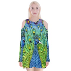 Peacock Bird Animation Velvet Long Sleeve Shoulder Cutout Dress by Simbadda