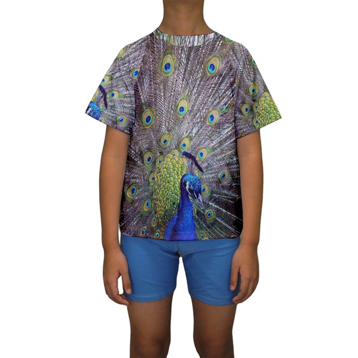 Peacock Bird Feathers Kids  Short Sleeve Swimwear