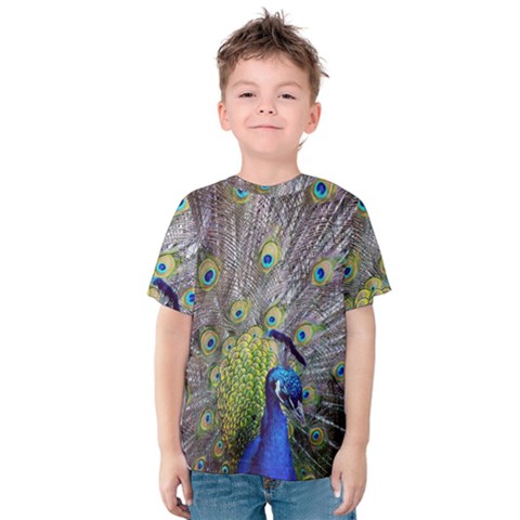 Peacock Bird Feathers Kids  Cotton Tee by Simbadda