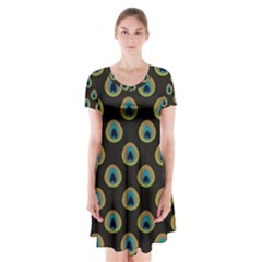 Peacock Inspired Background Short Sleeve V-neck Flare Dress by Simbadda