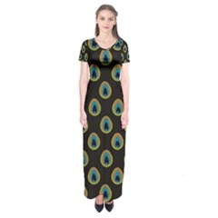 Peacock Inspired Background Short Sleeve Maxi Dress by Simbadda