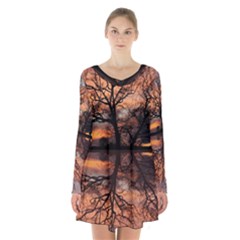 Aurora Sunset Sun Landscape Long Sleeve Velvet V-neck Dress by Simbadda