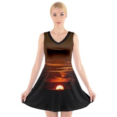 Sunset Sun Fireball Setting Sun V-neck Sleeveless Skater Dress by Simbadda