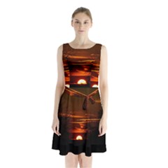 Sunset Sun Fireball Setting Sun Sleeveless Chiffon Waist Tie Dress by Simbadda