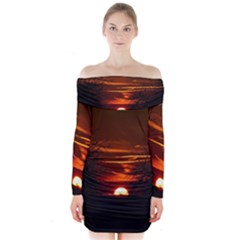 Sunset Sun Fireball Setting Sun Long Sleeve Off Shoulder Dress