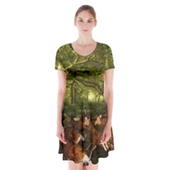 Red Deer Deer Roe Deer Antler Short Sleeve V-neck Flare Dress