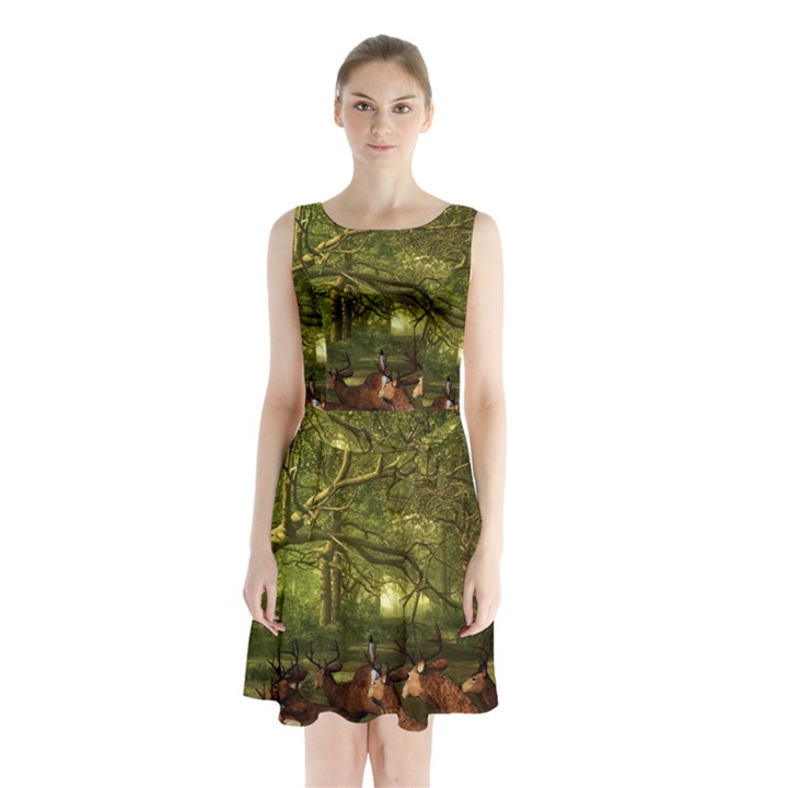 Red Deer Deer Roe Deer Antler Sleeveless Chiffon Waist Tie Dress