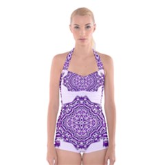 Mandala Purple Mandalas Balance Boyleg Halter Swimsuit  by Simbadda