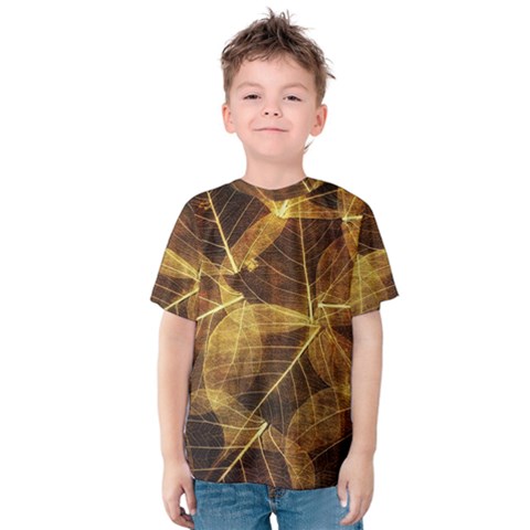 Leaves Autumn Texture Brown Kids  Cotton Tee by Simbadda