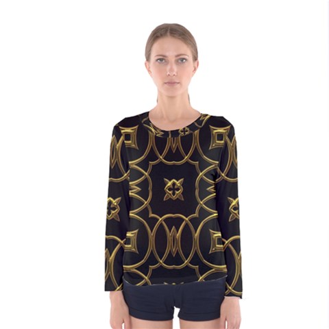 Black And Gold Pattern Elegant Geometric Design Women s Long Sleeve Tee by yoursparklingshop