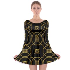 Black And Gold Pattern Elegant Geometric Design Long Sleeve Skater Dress by yoursparklingshop