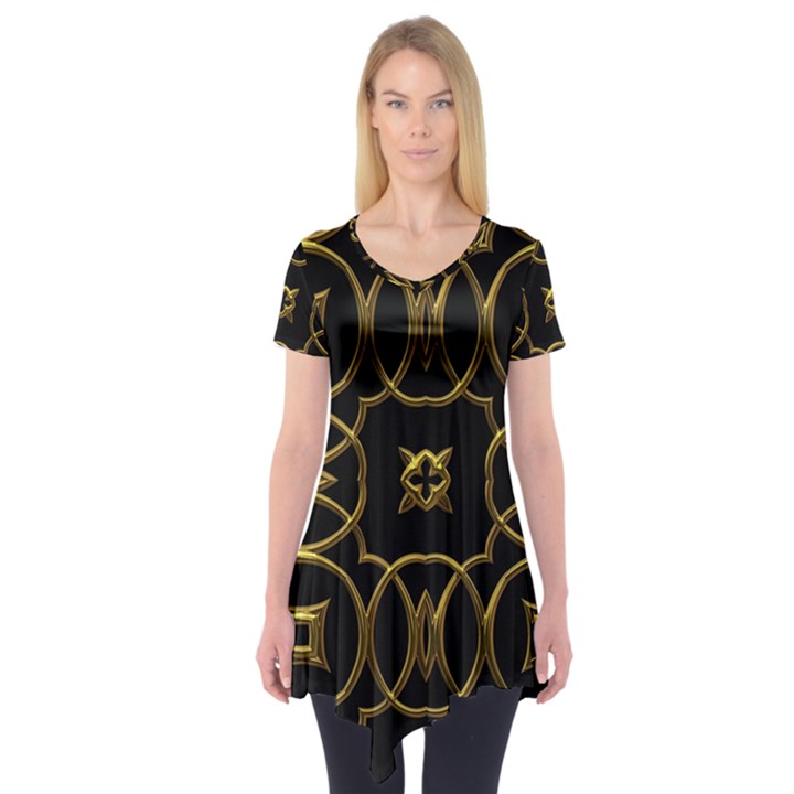 Black And Gold Pattern Elegant Geometric Design Short Sleeve Tunic 