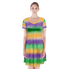 Mardi Gras Strip Tie Die Short Sleeve V-neck Flare Dress by PhotoNOLA