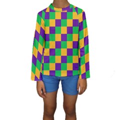 Mardi Gras Checkers Kids  Long Sleeve Swimwear by PhotoNOLA