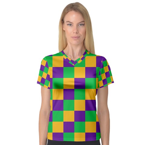 Mardi Gras Checkers Women s V-neck Sport Mesh Tee by PhotoNOLA