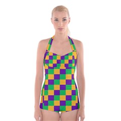 Mardi Gras Checkers Boyleg Halter Swimsuit  by PhotoNOLA