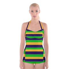 Mardi Gras Stripes Boyleg Halter Swimsuit 