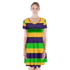 Mardi Gras Stripes Short Sleeve V-neck Flare Dress