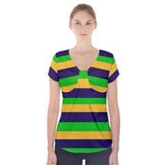 Mardi Gras Stripes Short Sleeve Front Detail Top