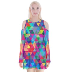 Colorful Abstract Triangle Shapes Background Velvet Long Sleeve Shoulder Cutout Dress