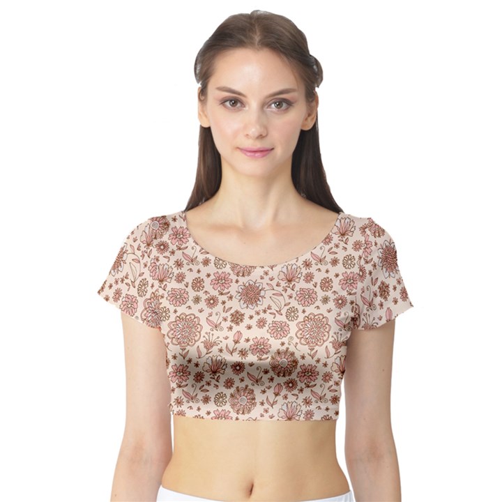 Retro Sketchy Floral Patterns Short Sleeve Crop Top (Tight Fit)