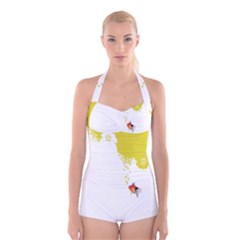 Fish Underwater Yellow White Boyleg Halter Swimsuit  by Simbadda