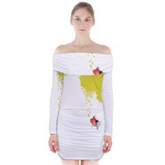 Fish Underwater Yellow White Long Sleeve Off Shoulder Dress by Simbadda