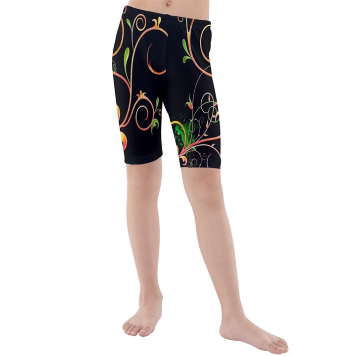 Flowers Neon Color Kids  Mid Length Swim Shorts