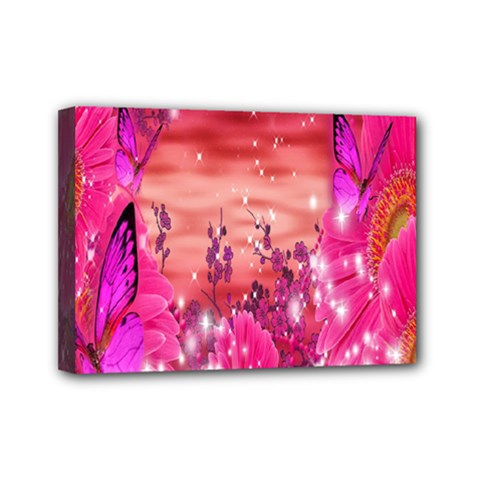 Flowers Neon Stars Glow Pink Sakura Gerberas Sparkle Shine Daisies Bright Gerbera Butterflies Sunris Mini Canvas 7  X 5  by Simbadda