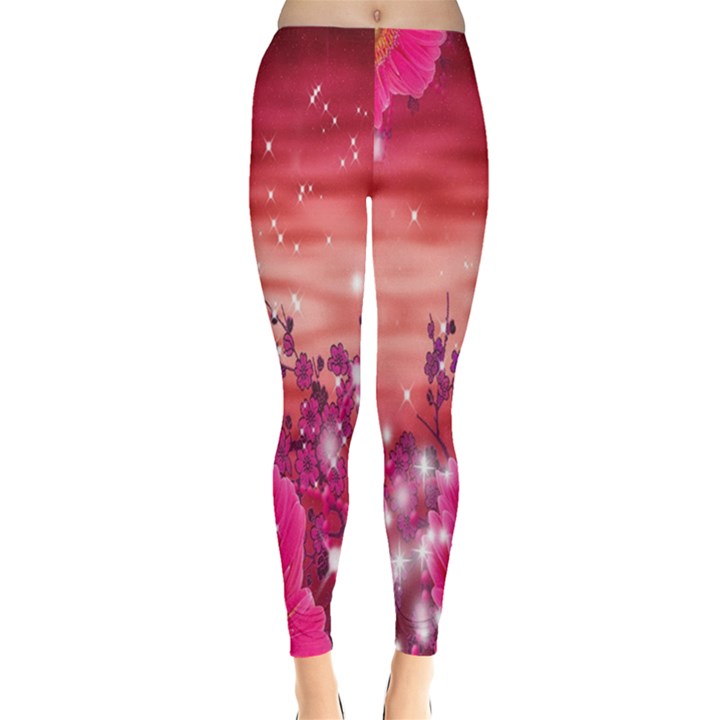 Flowers Neon Stars Glow Pink Sakura Gerberas Sparkle Shine Daisies Bright Gerbera Butterflies Sunris Leggings 