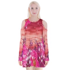 Flowers Neon Stars Glow Pink Sakura Gerberas Sparkle Shine Daisies Bright Gerbera Butterflies Sunris Velvet Long Sleeve Shoulder Cutout Dress by Simbadda