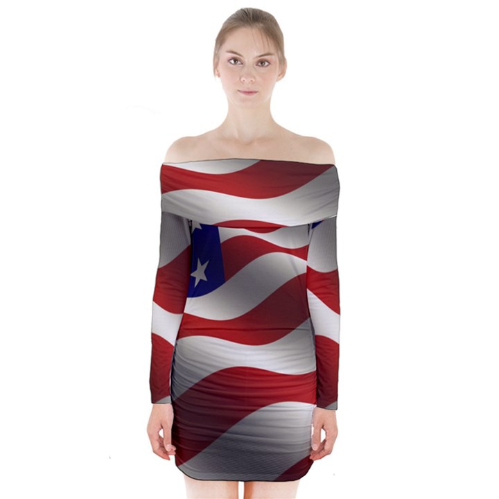 Flag United States Stars Stripes Symbol Long Sleeve Off Shoulder Dress